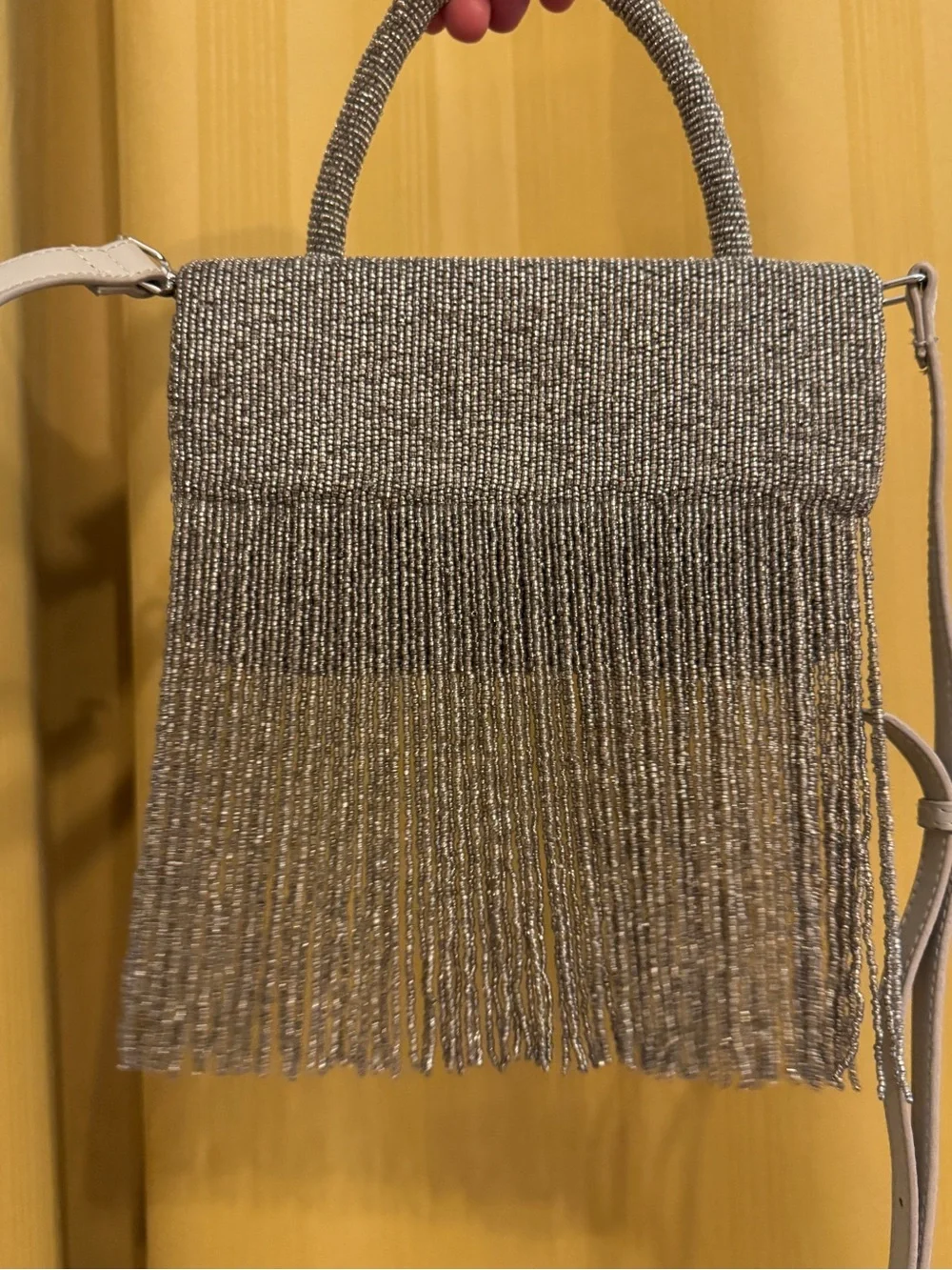 Anthropologie Silver Beaded Fringe Top-Handle Crossbody